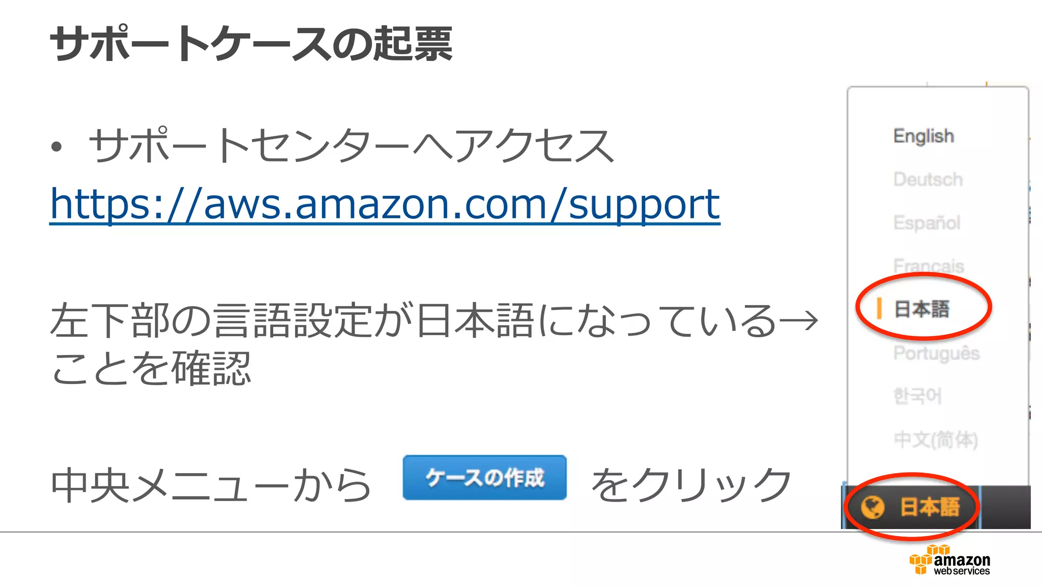サポートケースの起票
•  サポートセンターへアクセス
https://aws.amazon.com/support
左下部の⾔言語設定が⽇日本語になっている→
ことを確認  
中央メニューから 　 　 　 　 　  をクリック
 