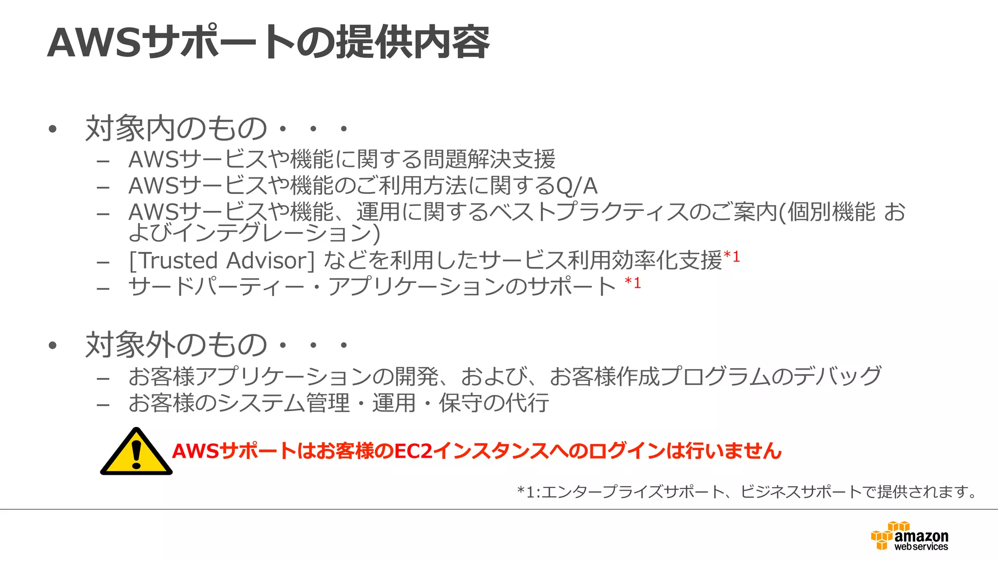 AWSサポートの提供内容
•  対象内のもの・・・
–  AWSサービスや機能に関する問題解決⽀支援
–  AWSサービスや機能のご利利⽤用⽅方法に関するQ/A
–  AWSサービスや機能、運⽤用に関するベストプラクティスのご案内(個別機能  お
よびインテグレーション)
–  [Trusted  Advisor]  などを利利⽤用したサービス利利⽤用効率率率化⽀支援*1
–  サードパーティー・アプリケーションのサポート  *1
•  対象外のもの・・・
–  お客様アプリケーションの開発、および、お客様作成プログラムのデバッグ
–  お客様のシステム管理理・運⽤用・保守の代⾏行行
  
•  AWSサポートはお客様のEC2インスタンスへのログインは⾏行行いません
*1:エンタープライズサポート、ビジネスサポートで提供されます。
 