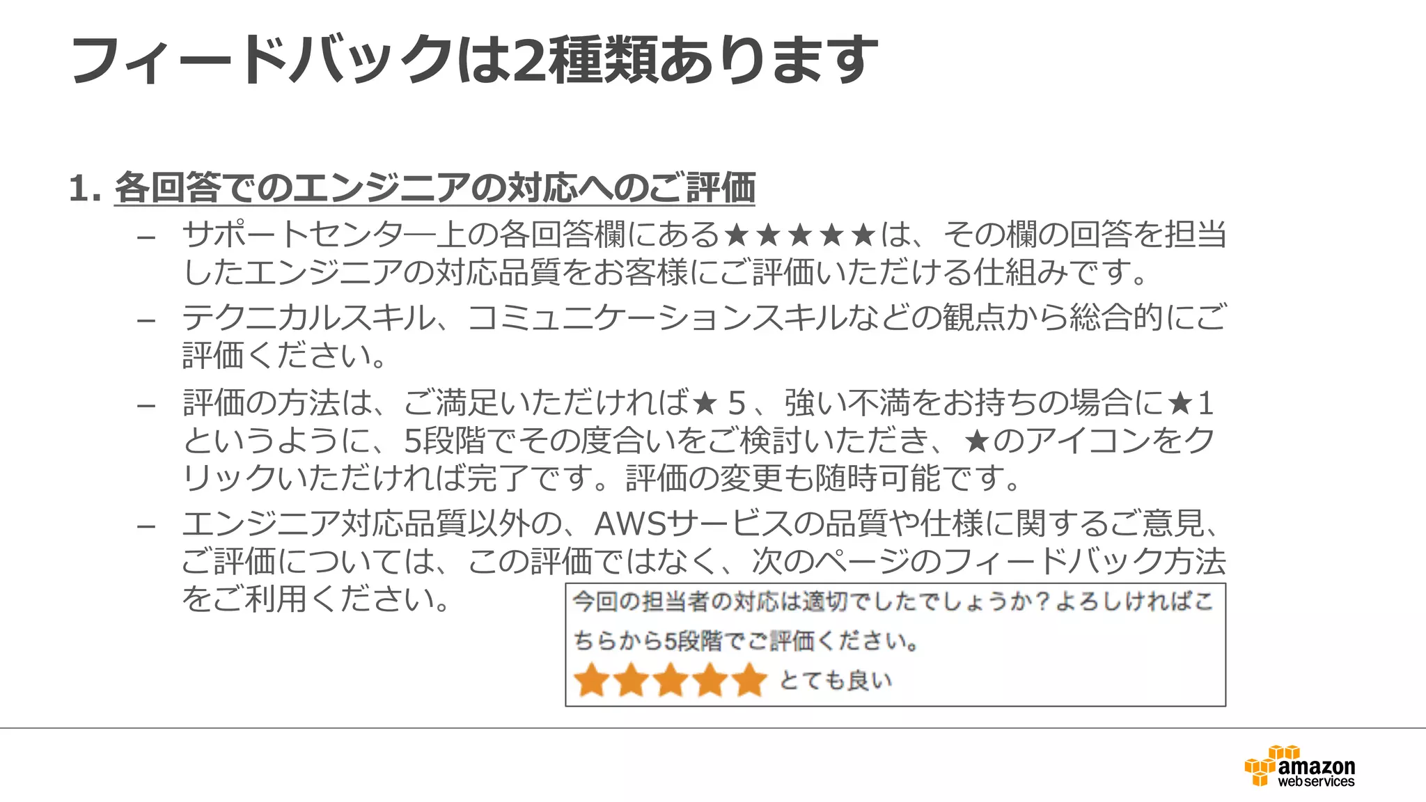 フィードバックは2種類あります
1.  各回答でのエンジニアの対応へのご評価
–  サポートセンタ―上の各回答欄にある★★★★★は、その欄の回答を担当
したエンジニアの対応品質をお客様にご評価いただける仕組みです。
–  テクニカルスキル、コミュニケーションスキルなどの観点から総合的にご
評価ください。
–  評価の⽅方法は、ご満⾜足いただければ★５、強い不不満をお持ちの場合に★1
というように、5段階でその度度合いをご検討いただき、★のアイコンをク
リックいただければ完了了です。評価の変更更も随時可能です。
–  エンジニア対応品質以外の、AWSサービスの品質や仕様に関するご意⾒見見、
ご評価については、この評価ではなく、次のページのフィードバック⽅方法
をご利利⽤用ください。
 