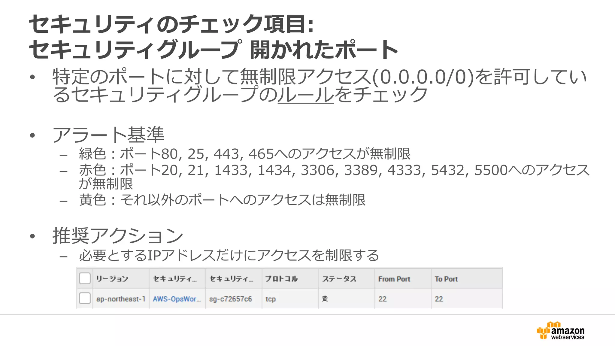 セキュリティのチェック項⽬目:
セキュリティグループ  開かれたポート
•  特定のポートに対して無制限アクセス(0.0.0.0/0)を許可してい
るセキュリティグループのルールをチェック
•  アラート基準
–  緑⾊色：ポート80,  25,  443,  465へのアクセスが無制限
–  ⾚赤⾊色：ポート20,  21,  1433,  1434,  3306,  3389,  4333,  5432,  5500へのアクセス
が無制限
–  ⻩黄⾊色：それ以外のポートへのアクセスは無制限
•  推奨アクション
–  必要とするIPアドレスだけにアクセスを制限する
 
