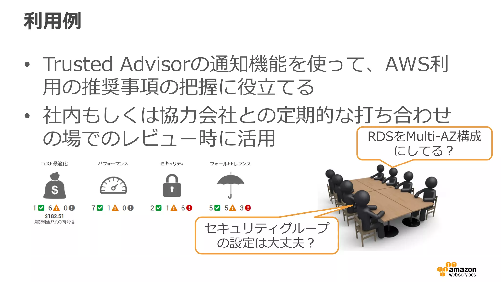 利利⽤用例例
•  Trusted  Advisorの通知機能を使って、AWS利利
⽤用の推奨事項の把握に役⽴立立てる
•  社内もしくは協⼒力力会社との定期的な打ち合わせ
の場でのレビュー時に活⽤用
セキュリティグループ
の設定は⼤大丈夫？
RDSをMulti-‐‑‒AZ構成
にしてる？
 