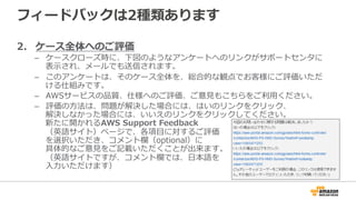 フィードバックは2種類あります
2.  ケース全体へのご評価
–  ケースクローズ時に、下図のようなアンケートへのリンクがサポートセンタに
表⽰示され、メールでも送信されます。
–  このアンケートは、そのケース全体を、総合的な観点でお客様にご評価いただ
ける仕組みです。
–  AWSサービスの品質、仕様へのご評価、ご意⾒見見もこちらをご利利⽤用ください。
–  評価の⽅方法は、問題が解決した場合には、はいのリンクをクリック、
解決しなかった場合には、いいえのリンクをクリックしてください。
新たに開かれるAWS  Support  Feedback
（英語サイト）ページで、各項⽬目に対するご評価
を選択いただき、コメント欄（optional）に
具体的なご意⾒見見をご記載いただくことが出来ます。
（英語サイトですが、コメント欄では、⽇日本語を
⼊入⼒力力いただけます）
 