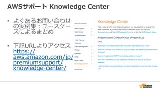 AWSサポート  Knowledge  Center
•  よくあるお問い合わせ
の実例例集：ユースケー
スによるまとめ
•  下記URLよりアクセス
https://
aws.amazon.com/jp/
premiumsupport/
knowledge-‐‑‒center/
 