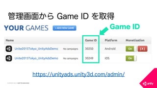 COPYRIGHT 2015 @ UNITY TECHNOLOGIES
管理画面から Game ID を取得
https://unityads.unity3d.com/admin/
Game ID
 