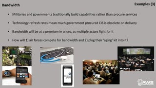 Bandwidth
• Militaries and governments traditionally build capabilities rather than procure services
• Technology refresh rates mean much government procured CIS is obsolete on delivery
• Bandwidth will be at a premium in crises, as multiple actors fight for it
• How will 1) air forces compete for bandwidth and 2) plug their ‘aging’ kit into it?
Examples (3)
 