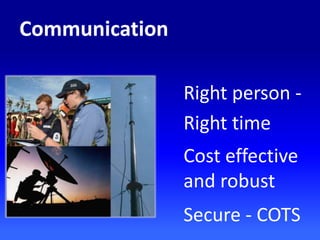 Right person -
Right time
Cost effective
and robust
Secure - COTS
Communication
 