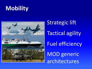 Strategic lift
Tactical agility
Fuel efficiency
MOD generic
architectures
Mobility
 