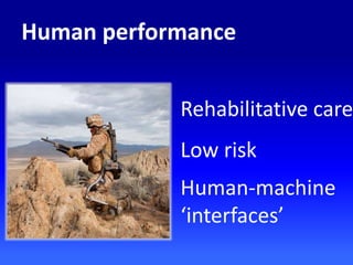Rehabilitative care
Low risk
Human-machine
‘interfaces’
Human performance
 
