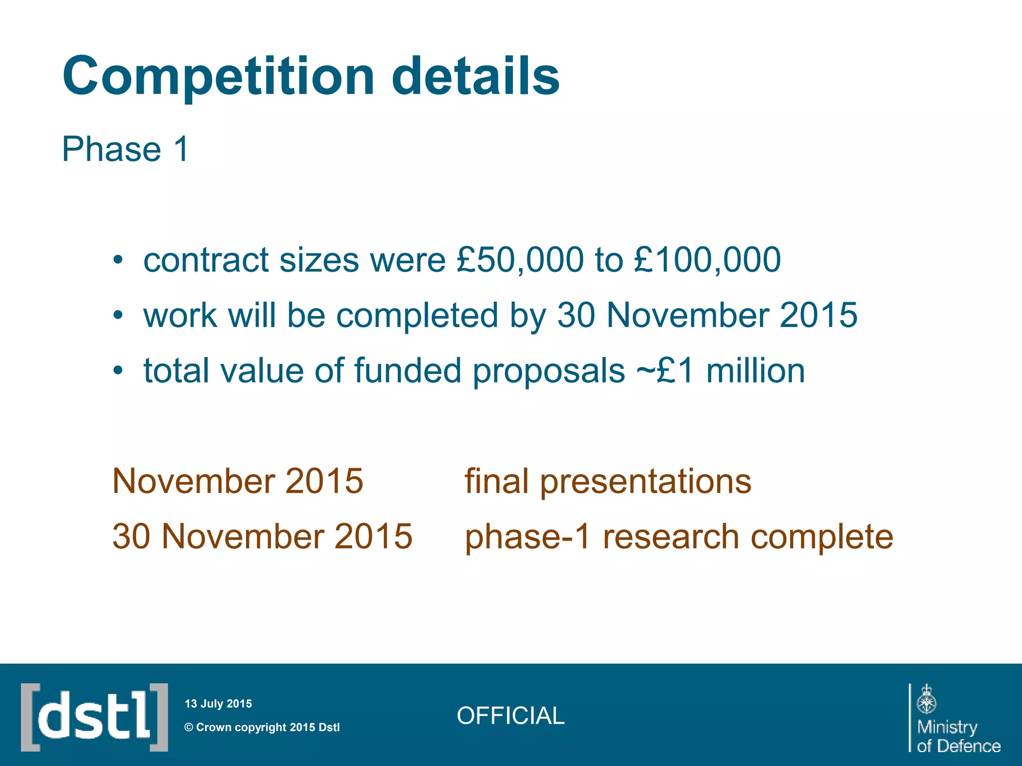Competition details
Phase 1
• contract sizes were £50,000 to £100,000
• work will be completed by 30 November 2015
• total value of funded proposals ~£1 million
November 2015 final presentations
30 November 2015 phase-1 research complete
OFFICIAL© Crown copyright 2015 Dstl
13 July 2015
 