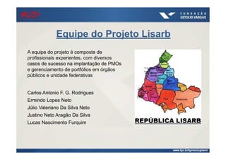 Equipe do Projeto Lisarb
A equipe do projeto é composta de
profissionais experientes, com diversos
casos de sucesso na implantação de PMOs
e gerenciamento de portfólios em órgãos
públicos e unidade federativas
Carlos Antonio F. G. Rodrigues
Ermindo Lopes Neto
Júlio Valeriano Da Silva Neto
Justino Neto Aragão Da Silva
Lucas Nascimento Furquim
#US+#US+#US+#US+
 