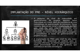 IMPLANTAÇÃO DO PMO – NÍVEL HIERÁRQUICO
A pesquisa de nível de maturidade em
gerenciamento de projetos apontou baixa
maturidade em Lisarb, além da inexistência de uma
metodologia de padronização de processos. Dessa
maneira, opta-se por iniciar a implantação do PMO
pelo nível H2, pois julga-se necessária uma
abordagem metodológica, que possa focar nos
processos, ao mesmo tempo que sejam propagadas
e consolidadas as bases do gerenciamento de
projetos no país
A implantação do PMO pelo nível H2 alia maior
facilidade em disseminar as práticas para as
camadas inferiores, ao mesmo tempo em que tem
maior proximidade com a alta gerência, que
centraliza as decisões estratégicas
 
