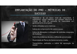 IMPLANTAÇÃO DO PMO – MÉTRICAS DE
SUCESSO
Tratando-se de um baixo nível de maturidade, é
importante utilizar métricas que possam relacionar a
criação do PMO ao aumento da maturidade em
gerenciamento de projetos
Serão utilizadas como métricas:
- Índices de cumprimento de custos e prazo
- Índice de alterações e utilização de controles integrados
de mudança
- Índice de problemas devidos a falhas de comunicação
- Quantidade de Planos de Gerenciamento criados
- Treinamentos realizados e índice de aprovação da
equipe
 