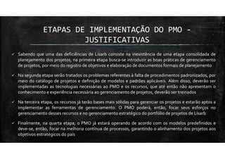 ETAPAS DE IMPLEMENTAÇÃO DO PMO -
JUSTIFICATIVAS
Sabendo que uma das deficiências de Lisarb consiste na inexistência de uma etapa consolidada de
planejamento dos projetos, na primeira etapa busca-se introduzir as boas práticas de gerenciamento
de projetos, por meio do registro de objetivos e elaboração de documentos formais de planejamento
Na segunda etapa serão tratados os problemas referentes à falta de procedimentos padronizados, por
meio do catálogo de projetos e definição de modelos e padrões aplicáveis. Além disso, deverão ser
implementadas as tecnologias necessárias ao PMO e os recursos, que até então não apresentam o
conhecimento e experiência necessária ao gerenciamento de projetos, deverão ser treinados
Na terceira etapa, os recursos já terão bases mais sólidas para gerenciar os projetos e estarão aptos a
implementar as ferramentas de gerenciamento. O PMO poderá, então, focar seus esforços no
gerenciamento desses recursos e no gerenciamento estratégico do portfólio de projetos de Lisarb
Finalmente, na quarta etapa, o PMO já estará operando de acordo com os modelos predefinidos e
deve-se, então, focar na melhoria contínua de processos, garantindo o alinhamento dos projetos aos
objetivos estratégicos do país
 