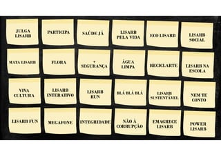 NÃO FUI EU! VASSOURADA VAI PRA RUA
JULGA
LISARB
PARTICIPA
LISARB
RUN
POWER
LISARB
ÁGUA
LIMPA
VIVA
CULTURA
LISARB
INTERATIVO
SAÚDE JÁ
+
SEGURANÇA
INTEGRIDADE
LISARB NA
ESCOLA
LISARB
SUSTENTÁVEL
LISARB
PELA VIDA
NÃO À
CORRUPÇÃO
FLORA
ECO LISARB
EMAGRECE
LISARB
MEGAFONE
BLÁ BLÁ BLÁ
RECICLARTE
LISARB FUN
NEM TE
CONTO
MATA LISARB
LISARB
SOCIAL
 