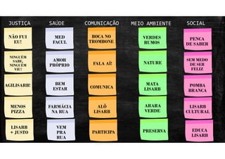 JUSTIÇA SAÚDE COMUNICAÇÃO MEIO AMBIENTE SOCIAL
NÃO FUI EU!
NÃO FUI
EU!
NINGUÉM
SABE,
NINGUÉM
VIU!
AGILISARB!
MENOS
PIZZA
LISARB
+ JUSTO
AMOR
PRÓPRIO
MED
FACUL
BEM
ESTAR
FARMÁCIA
NA RUA
VEM
PRA
RUA
LISARB
CULTURAL
BOCA NO
TROMBONE
VERDES
RUMOS
NATURE
MATA
LISARB
ARARA
VERDE
PRESERVA
SEM MEDO
DE SER
FELIZ
FALA AÍ!
PENCA
DE SABER
POMBA
BRANCA
COMUNICA
ALÔ
LISARB
EDUCA
LISARB
ALÔ
LISARB
PARTICIPA
 