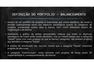 DEFINIÇÃO DO PORTFOLIO – BALANCEAMENTO
Dentro de um portfólio de projetos é importante que exista equilíbrio, de modo a
atender coletivamente tanto aos objetivos estratégicos quanto às categorias de
projetos, ponderando custos altos e baixos, bem como diferentes prazos de
implantação e de retorno
Analisando o gráfico de bolhas apresentado, nota-se que todos os objetivos
estratégicos de Lisarb estão sendo atendidos, mas ao mesmo tempo que a categoria
“Social” conta com mais projetos do que as demais categorias, não existem projetos
que atendam à categoria “Saúde”
A análise da distribuição dos recursos mostra que a categoria “Social” concentra
projetos de alto custo
A categoria “Comunicação” conta somente com projetos de longo prazo de
implementação e, consequentemente, de retorno
 