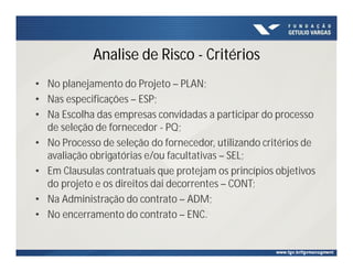 Analise de Risco - Critérios
• No planejamento do Projeto – PLAN;
• Nas especificações – ESP;
• Na Escolha das empresas convidadas a participar do processo
de seleção de fornecedor - PQ;
• No Processo de seleção do fornecedor, utilizando critérios de
avaliação obrigatórias e/ou facultativas – SEL;
• Em Clausulas contratuais que protejam os princípios objetivos
do projeto e os direitos dai decorrentes – CONT;
• Na Administração do contrato – ADM;
• No encerramento do contrato – ENC.
 