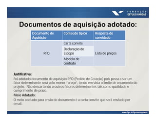 Documentos de aquisição adotado:
Justificativa:
Foi adotado documento de aquisição RFQ (Pedido de Cotação) pois passa a ser um
fator determinante será pelo menor “preço”, tendo em vista o limite de orçamento do
projeto. Não descartando a outros fatores determinantes tais como qualidade e
cumprimento de prazo.
Meio Adotado:
O meio adotado para envio do documento é a carta convite que será enviado por
email.
Documento de
Aquisição
Conteúdo típico Resposta do
convidado
RFQ
Carta convite
Lista de preços
Declaração de
Escopo
Modelo de
contrato
 