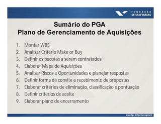 Sumário do PGA
Plano de Gerenciamento de Aquisições
1. Montar WBS
2. Analisar Critério Make or Buy
3. Definir os pacotes a serem contratados
4. Elaborar Mapa de Aquisições
5. Analisar Riscos e Oportunidades e planejar respostas
6. Definir forma de convite e recebimento de propostas
7. Elaborar critérios de eliminação, classificação e pontuação
8. Definir critérios de aceite
9. Elaborar plano de encerramento
 