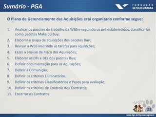 Sumário - PGA
23
O Plano de Gerenciamento das Aquisições está organizado conforme segue:
1. Analisar os pacotes de trabalho da WBS e seguindo os pré estabelecidos, classifica-los
como pacotes Make ou Buy;
2. Elaborar o mapa de aquisições dos pacotes Buy;
3. Revisar a WBS inserindo as tarefas para aquisições;
4. Fazer a análise de Risco das Aquisições;
5. Elaborar as DTs e DEs dos pacotes Buy;
6. Definir documentação para as Aquisições;
7. Definir a Comunição;
8. Definir os critérios Eliminatórios;
9. Definir os critérios Classificatórios e Pesos para avaliação;
10. Definir os critérios de Controle dos Contratos;
11. Encerrar os Contratos.
 