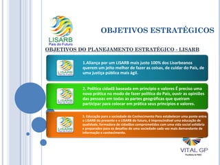 OBJETIVOS ESTRATÉGICOS
OBJETIVOS DO PLANEJAMENTO ESTRATÉGICO - LISARB
1.Aliança por um LISARB mais justo 100% dos Lisarbeanos
querem um jeito melhor de fazer as coisas, de cuidar do País, de
uma justiça pública mais ágil.
2. Política cidadã baseada em princípio e valores É preciso uma
nova prática no modo de fazer política do País, ouvir as opiniões
das pessoas em todas as partes geográficas que queiram
participar para colocar em prática seus princípios e valores.
3. Educação para a sociedade do Conhecimento Para estabelecer uma ponte entre
o LISARB do presente e o LISARB do futuro, é imprescindível uma educação de
qualidade, formadora de cidadãos comprometidos com uma vida social solidária
e preparados para os desafios de uma sociedade cada vez mais demandante de
informação e conhecimento.
 