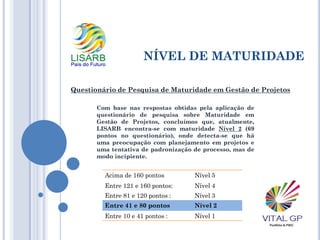 NÍVEL DE MATURIDADE
Com base nas respostas obtidas pela aplicação de
questionário de pesquisa sobre Maturidade em
Gestão de Projetos, concluímos que, atualmente,
LISARB encontra-se com maturidade Nível 2 (69
pontos no questionário), onde detecta-se que há
uma preocupação com planejamento em projetos e
uma tentativa de padronização de processo, mas de
modo incipiente.
Questionário de Pesquisa de Maturidade em Gestão de Projetos
Acima de 160 pontos Nível 5
Entre 121 e 160 pontos: Nível 4
Entre 81 e 120 pontos : Nível 3
Entre 41 e 80 pontos Nível 2
Entre 10 e 41 pontos : Nível 1
 