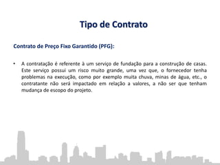 Contrato de Preço Fixo Garantido (PFG):
• A contratação é referente à um serviço de fundação para a construção de casas.
Este serviço possui um risco muito grande, uma vez que, o fornecedor tenha
problemas na execução, como por exemplo muita chuva, minas de água, etc., o
contratante não será impactado em relação a valores, a não ser que tenham
mudança de escopo do projeto.
Tipo de Contrato
 