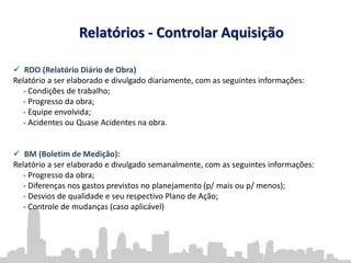 Relatórios - Controlar Aquisição
 RDO (Relatório Diário de Obra)
Relatório a ser elaborado e divulgado diariamente, com as seguintes informações:
- Condições de trabalho;
- Progresso da obra;
- Equipe envolvida;
- Acidentes ou Quase Acidentes na obra.
 BM (Boletim de Medição):
Relatório a ser elaborado e divulgado semanalmente, com as seguintes informações:
- Progresso da obra;
- Diferenças nos gastos previstos no planejamento (p/ mais ou p/ menos);
- Desvios de qualidade e seu respectivo Plano de Ação;
- Controle de mudanças (caso aplicável)
 