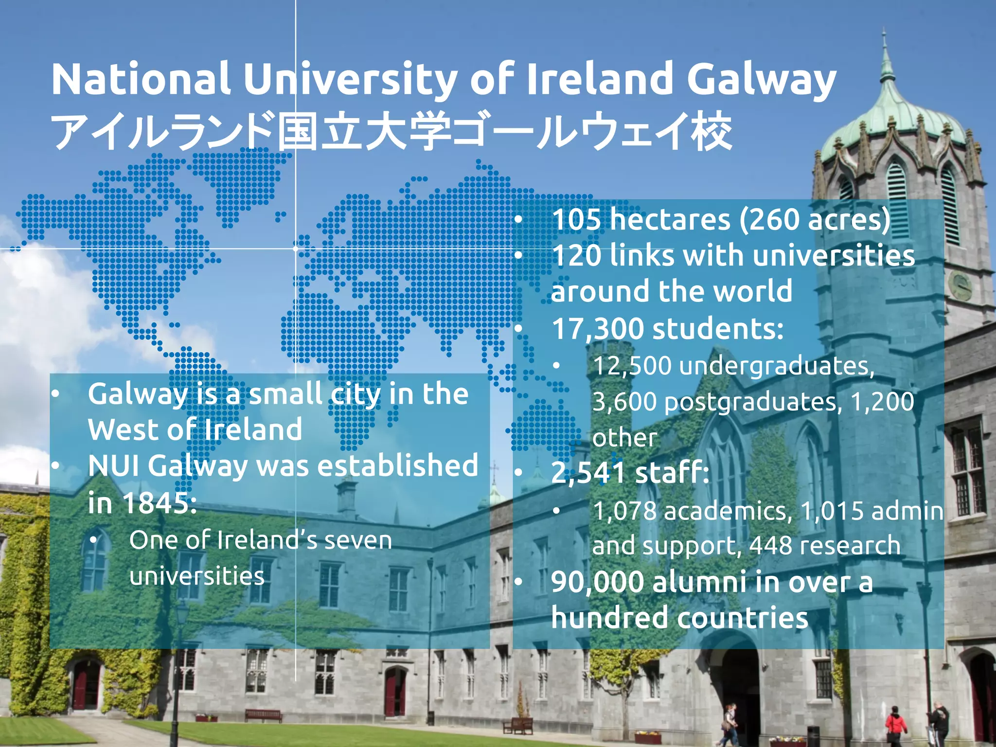 National University of Ireland Galway
アイルランド国立大学ゴールウェイ校 
	
•  Galway is a small city in the
West of Ireland	
•  NUI Galway was established
in 1845:	
•  One of Ireland’s seven
universities	
•  105 hectares (260 acres)	
•  120 links with universities
around the world	
•  17,300 students:	
•  12,500 undergraduates,
3,600 postgraduates, 1,200
other	
•  2,541 sta#:	
•  1,078 academics, 1,015 admin
and support, 448 research	
•  90,000 alumni in over a
hundred countries	
 