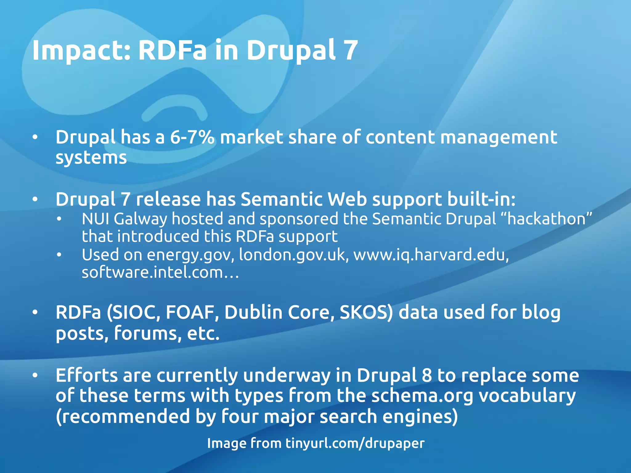 Impact: RDFa in Drupal 7
	
•  Drupal has a 6-7% market share of content management
systems	
•  Drupal 7 release has Semantic Web support built-in:	
•  NUI Galway hosted and sponsored the Semantic Drupal “hackathon”
that introduced this RDFa support	
•  Used on energy.gov, london.gov.uk, www.iq.harvard.edu,
software.intel.com…	
•  RDFa (SIOC, FOAF, Dublin Core, SKOS) data used for blog
posts, forums, etc. 	
•  E#orts are currently underway in Drupal 8 to replace some
of these terms with types from the schema.org vocabulary
(recommended by four major search engines)	
Image from tinyurl.com/drupaper	
 