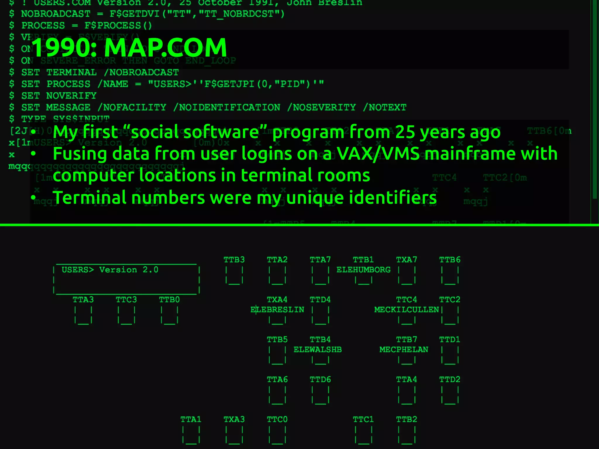 1990: MAP.COM
	
•  My "rst “social software” program from 25 years ago	
•  Fusing data from user logins on a VAX/VMS mainframe with
computer locations in terminal rooms	
•  Terminal numbers were my unique identi"ers	
 