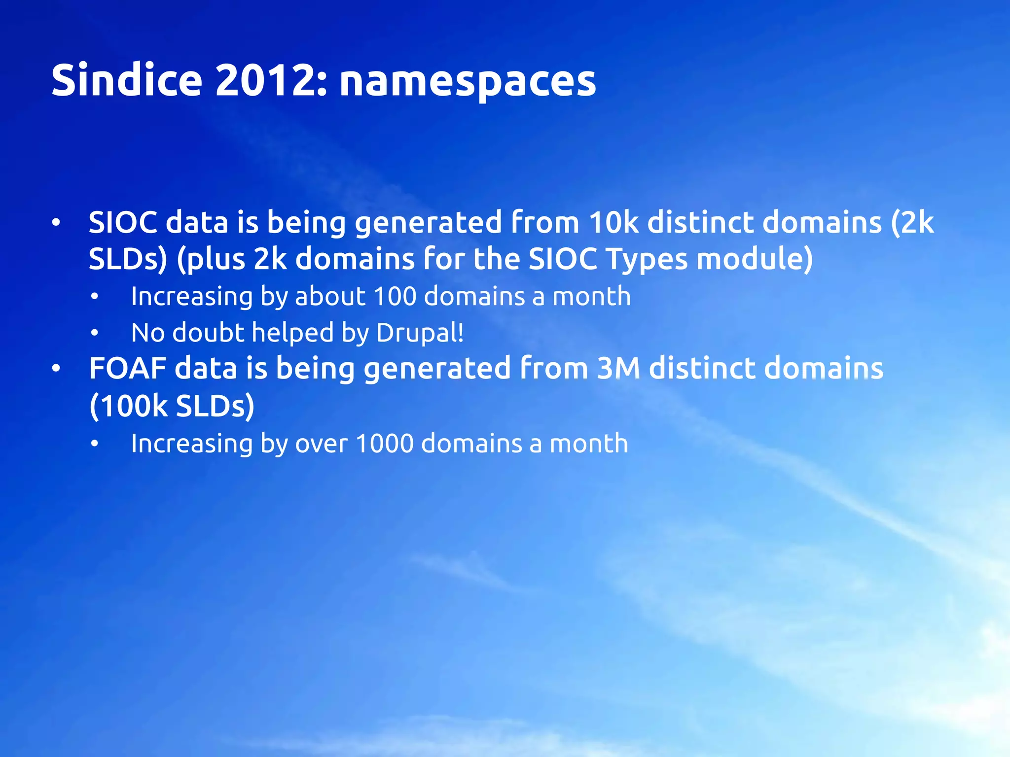 Sindice 2012: namespaces
	
•  SIOC data is being generated from 10k distinct domains (2k
SLDs) (plus 2k domains for the SIOC Types module)	
•  Increasing by about 100 domains a month	
•  No doubt helped by Drupal!	
•  FOAF data is being generated from 3M distinct domains
(100k SLDs)	
•  Increasing by over 1000 domains a month 	
 