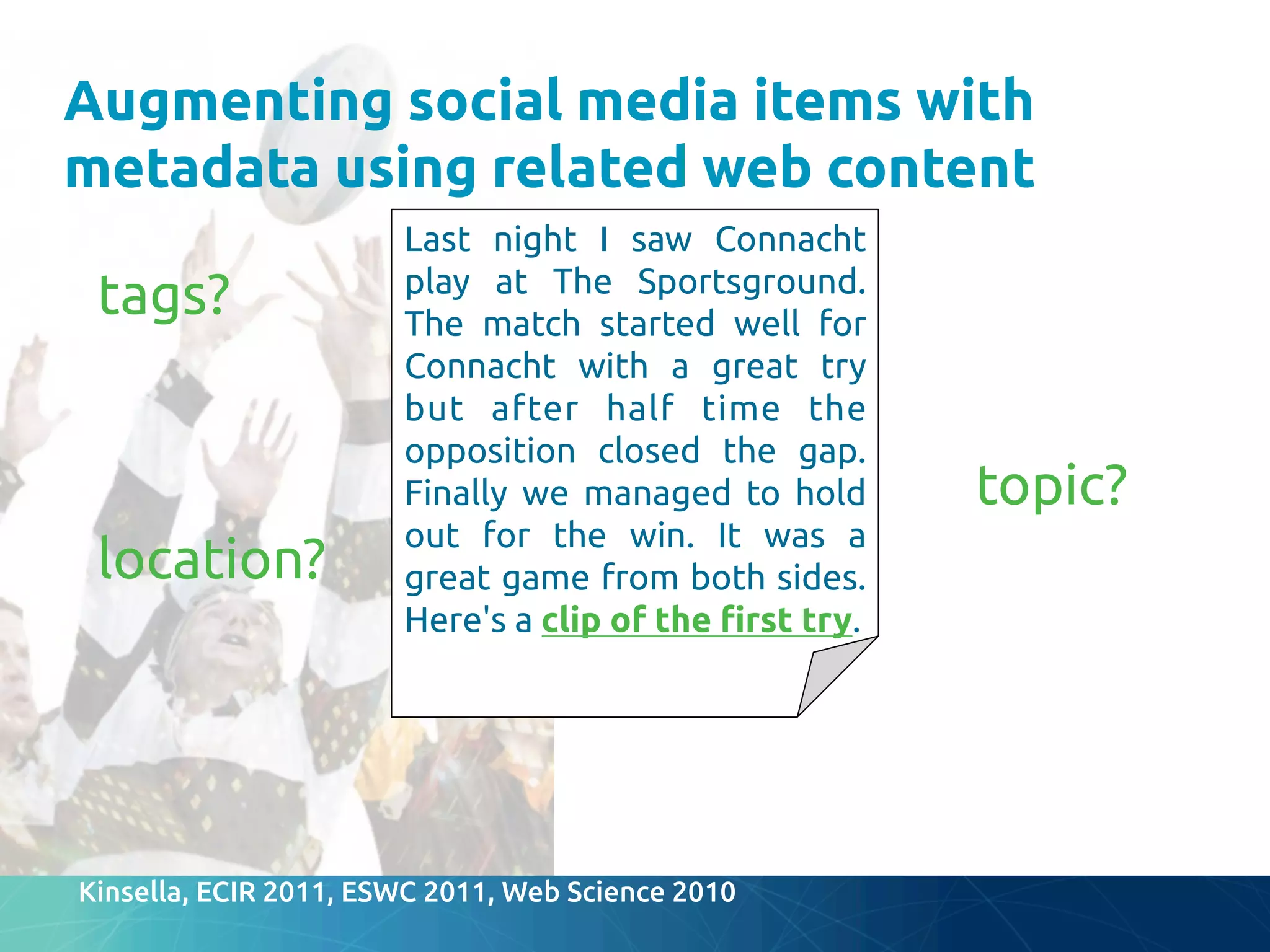 Augmenting social media items with
metadata using related web content	
tags?	
topic?	
location?	
Kinsella, ECIR 2011, ESWC 2011, Web Science 2010	
Last night I saw Connacht
play at The Sportsground.
The match started well for
Connacht with a great try
but after half time the
opposition closed the gap.
Finally we managed to hold
out for the win. It was a
great game from both sides.
Here's a clip of the "rst try.	
 