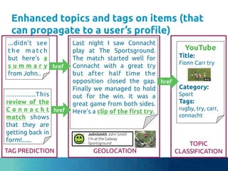 TAG PREDICTION	
 GEOLOCATION	
TOPIC
CLASSIFICATION	
...didn’t see
t h e m a tc h
but here’s a
s u m m a r y
from John..	
..............This
review of the
C o n n a c h t
match shows
that they are
getting back in
form!......	
href	
href	
YouTube	
Title:	
Fionn Carr try	
	
	
	
Category:	
Sport	
Tags:	
rugby, try, carr,
connacht	
	
	
Last night I saw Connacht
play at The Sportsground.
The match started well for
Connacht with a great try
but after half time the
opposition closed the gap.
Finally we managed to hold
out for the win. It was a
great game from both sides.
Here's a clip of the "rst try.	
JohnSmith John Smith	
I’m at the Galway
Sportsground	
Enhanced topics and tags on items (that
can propagate to a user’s pro"le)	
href	
 