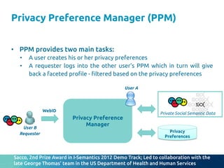 •  PPM provides two main tasks:	
•  A user creates his or her privacy preferences	
•  A requester logs into the other user’s PPM which in turn will give
back a faceted pro"le - "ltered based on the privacy preferences	
User B	
Requester	
Privacy Preference	
Manager	
Private Social Semantic Data	
Privacy
Preferences	
User A	
WebID	
Sacco, 2nd Prize Award in I-Semantics 2012 Demo Track; Led to collaboration with the
late George Thomas’ team in the US Department of Health and Human Services	
Privacy Preference Manager (PPM)
	
 