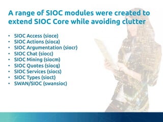 A range of SIOC modules were created to
extend SIOC Core while avoiding clutter
	
•  SIOC Access (sioce)	
•  SIOC Actions (sioca)	
•  SIOC Argumentation (siocr)	
•  SIOC Chat (siocc)	
•  SIOC Mining (siocm)	
•  SIOC Quotes (siocq)	
•  SIOC Services (siocs)	
•  SIOC Types (sioct)	
•  SWAN/SIOC (swansioc)	
 