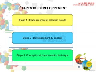ÉTAPES DU DÉVELOPPEMENT
Etape 1 : Etude de projet et selection du site
Etape 2 : Developpement du concept
Étape 3. Conception et documentation technique
15
 