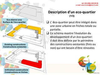 Description d’un eco-quartier
(1/3)
 L’ éco-quartier peut être intégré dans
une zone urbaine en friches totale ou
partielle.
 Ce schéma montre l'évolution du
développement d'un éco-quartier:
il doit être définie par le périmètre
des constructions existantes (finis ou
non) qui ont besoin d'être rénovées
Eco-district area
Surface de l’éco-quartier
Existing constructions
Constructions existantes
Unfinished constructions
Constructions en friches
4
 