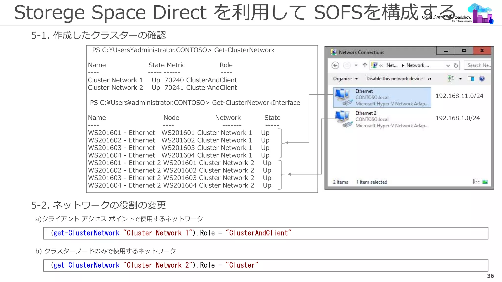 36
Storege Space Direct を利用して SOFSを構成する
5-1. 作成したクラスターの確認
PS C:Usersadministrator.CONTOSO> Get-ClusterNetwork
Name State Metric Role
---- ----- ------ ----
Cluster Network 1 Up 70240 ClusterAndClient
Cluster Network 2 Up 70241 ClusterAndClient
PS C:Usersadministrator.CONTOSO> Get-ClusterNetworkInterface
Name Node Network State
---- ---- ------- -----
WS201601 - Ethernet WS201601 Cluster Network 1 Up
WS201602 - Ethernet WS201602 Cluster Network 1 Up
WS201603 - Ethernet WS201603 Cluster Network 1 Up
WS201604 - Ethernet WS201604 Cluster Network 1 Up
WS201601 - Ethernet 2 WS201601 Cluster Network 2 Up
WS201602 - Ethernet 2 WS201602 Cluster Network 2 Up
WS201603 - Ethernet 2 WS201603 Cluster Network 2 Up
WS201604 - Ethernet 2 WS201604 Cluster Network 2 Up
5-2. ネットワークの役割の変更
a)クライアント アクセス ポイントで使用するネットワーク
(get-ClusterNetwork "Cluster Network 1").Role = "ClusterAndClient"
b) クラスターノードのみで使用するネットワーク
(get-ClusterNetwork "Cluster Network 2").Role = "Cluster"
192.168.11.0/24
192.168.1.0/24
 