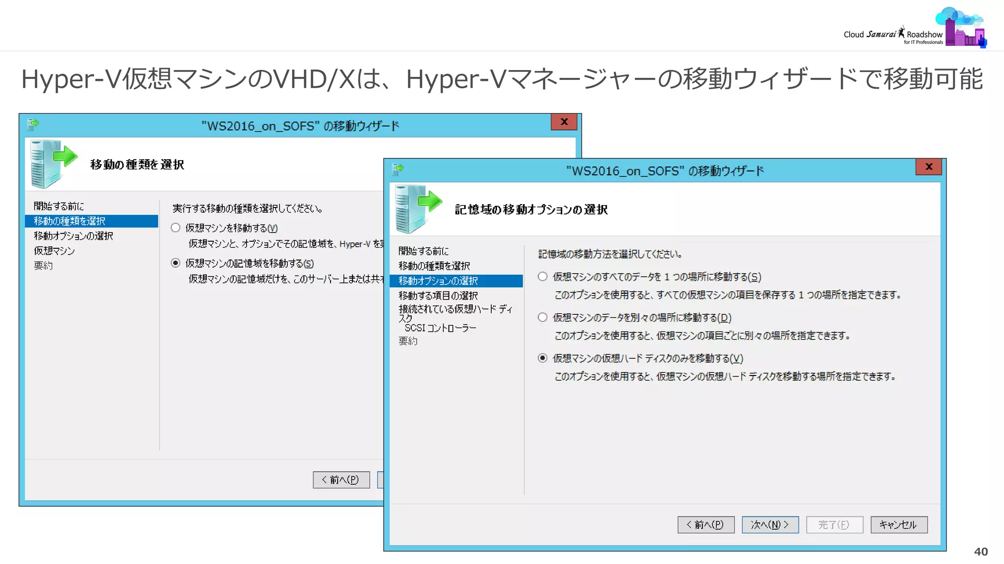 40
Hyper-V仮想マシンのVHD/Xは、Hyper-Vマネージャーの移動ウィザードで移動可能
 