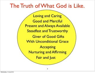 7
Loving and Caring
Good and Merciful
Steadfast and Trustworthy
With Unconditional Grace
Present and Always Available
Giver of Good Gifts
Nurturing and Afﬁrming
Accepting
Fair and Just
The Truth of What God is Like.
Wednesday, 15 July 2015
 