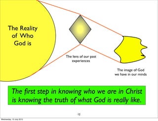 12
The lens of our past
experiences
The image of God
we have in our minds
The ﬁrst step in knowing who we are in Christ
is knowing the truth of what God is really like.
The Reality
of Who
God is
Wednesday, 15 July 2015
 