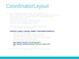 <android.support.design.widget.CoordinatorLayout
xmlns:android="http://schemas.android.com/apk/res/android" 
xmlns:app="http://schemas.android.com/apk/res-auto" 
android:id="@+id/root" 
android:layout_width="match_parent" 
android:layout_height="match_parent" 
android:fitsSystemWindows="true"> 
 
<android.support.design.widget.AppBarLayout 
android:id=“@+id/app_bar” .. /> 
 
<android.support.design.widget.FloatingActionButton 
android:id="@+id/fab" 
android:layout_width="wrap_content" 
android:layout_height="wrap_content" 
android:src="@drawable/ic_check_white_24dp" 
android:layout_margin="16dp" 
android:theme="@style/FabTheme" 
app:layout_anchor="@+id/app_bar" 
app:layout_anchorGravity="bottom|right|end" 
/> 
 
</android.support.design.widget.CoordinatorLayout>
 