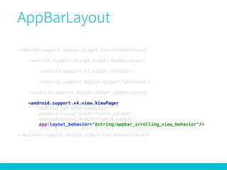 <android.support.design.widget.CoordinatorLayout> 
 
<android.support.design.widget.AppBarLayout> 
 
<android.support.v7.widget.Toolbar/> 
 
<android.support.design.widget.TabLayout/> 
 
</android.support.design.widget.AppBarLayout> 
 
<android.support.v4.view.ViewPager 
android:id="@+id/viewpager" 
android:layout_width="match_parent" 
android:layout_height="match_parent" 
app:layout_behavior="@string/appbar_scrolling_view_behavior"/> 
 
</android.support.design.widget.CoordinatorLayout>
 