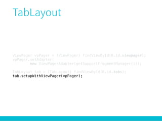 ViewPager vpPager = (ViewPager) findViewById(R.id.viewpager); 
vpPager.setAdapter(
new ViewPagerAdapter(getSupportFragmentManager())); 
 
TabLayout tab = (TabLayout) findViewById(R.id.tabs); 
tab.setupWithViewPager(vpPager);
 