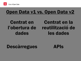 Open Data v1 vs. Open Data v2
Centrat en
l’obertura de
dades
Descàrregues
Centrat en la
reutilització de
les dades
APIs
 