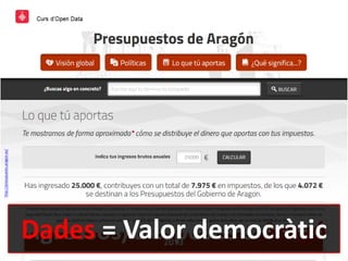 Ingressos/Despeses a Aragó
http://presupuesto.aragon.es/
Dades = Valor democràtic
 