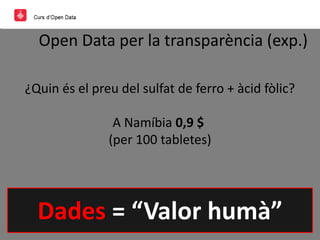Open Data per la transparència (exp.)
¿Quin és el preu del sulfat de ferro + àcid fòlic?
A Namíbia 0,9 $
(per 100 tabletes)
Dades = “Valor humà”
 
