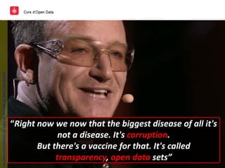 “Right now we now that the biggest disease of all it's
not a disease. It's corruption.
But there's a vaccine for that. It's called
transparency, open data sets”
http://www.ted.com/talks/bono_the_good_news_on_poverty_yes_there_s_good_news.html
 