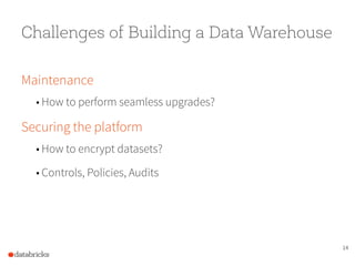 14
Maintenance
• How to perform seamless upgrades?
Securing the platform
• How to encrypt datasets?
• Controls, Policies, Audits
Challenges of Building a Data Warehouse
 